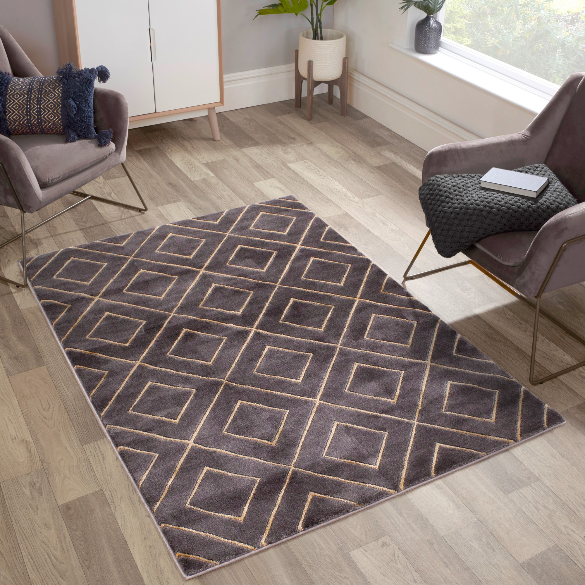 Bianco 0196qa Geometric Rug In Dark Grey Gold